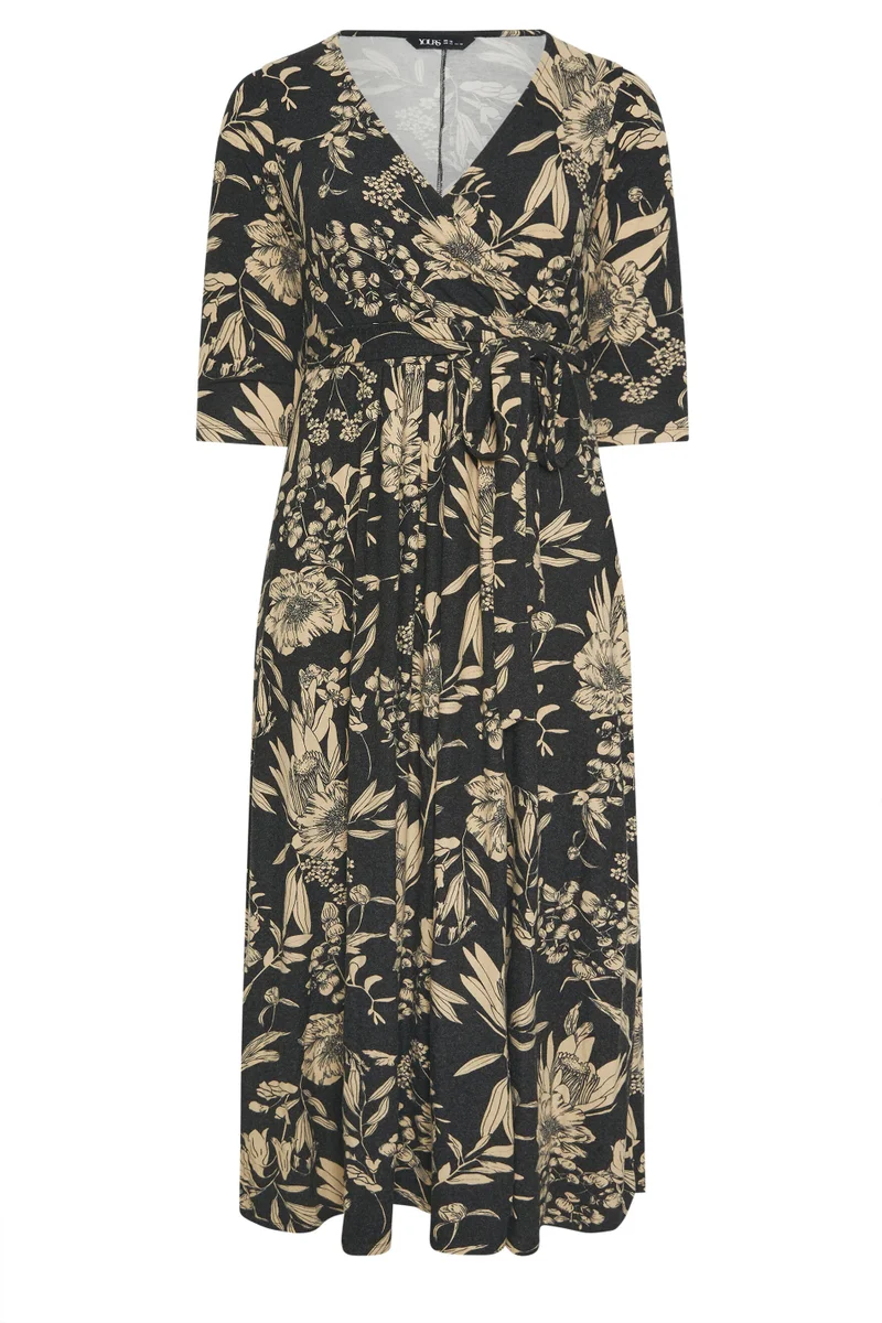 Yours YOURS Curve Black Soft Touch Floral Wrap Dress
